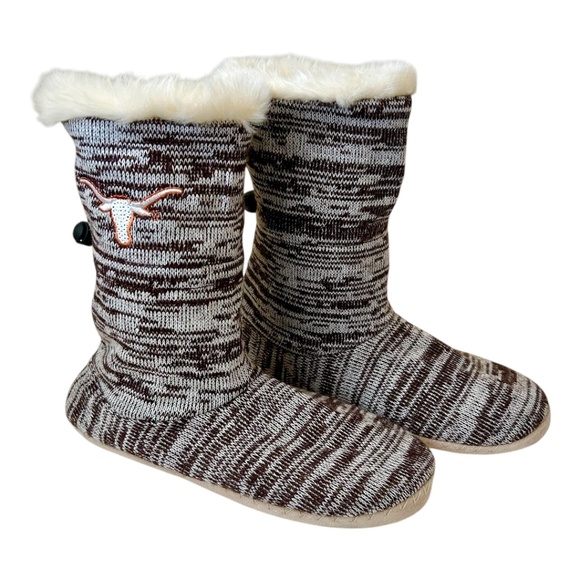 Texas Longhorn Slipper Boots UT Austin Brown Cream Faux Fur Adjustable L 9-10 - Picture 1 of 11